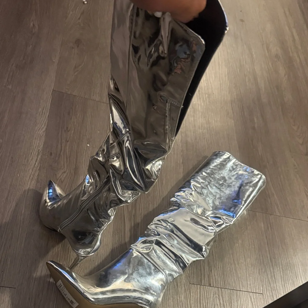 INC Iyonna Slouchy Faux Leather Over The Knee Boots Women's 5M Silver Side Zip